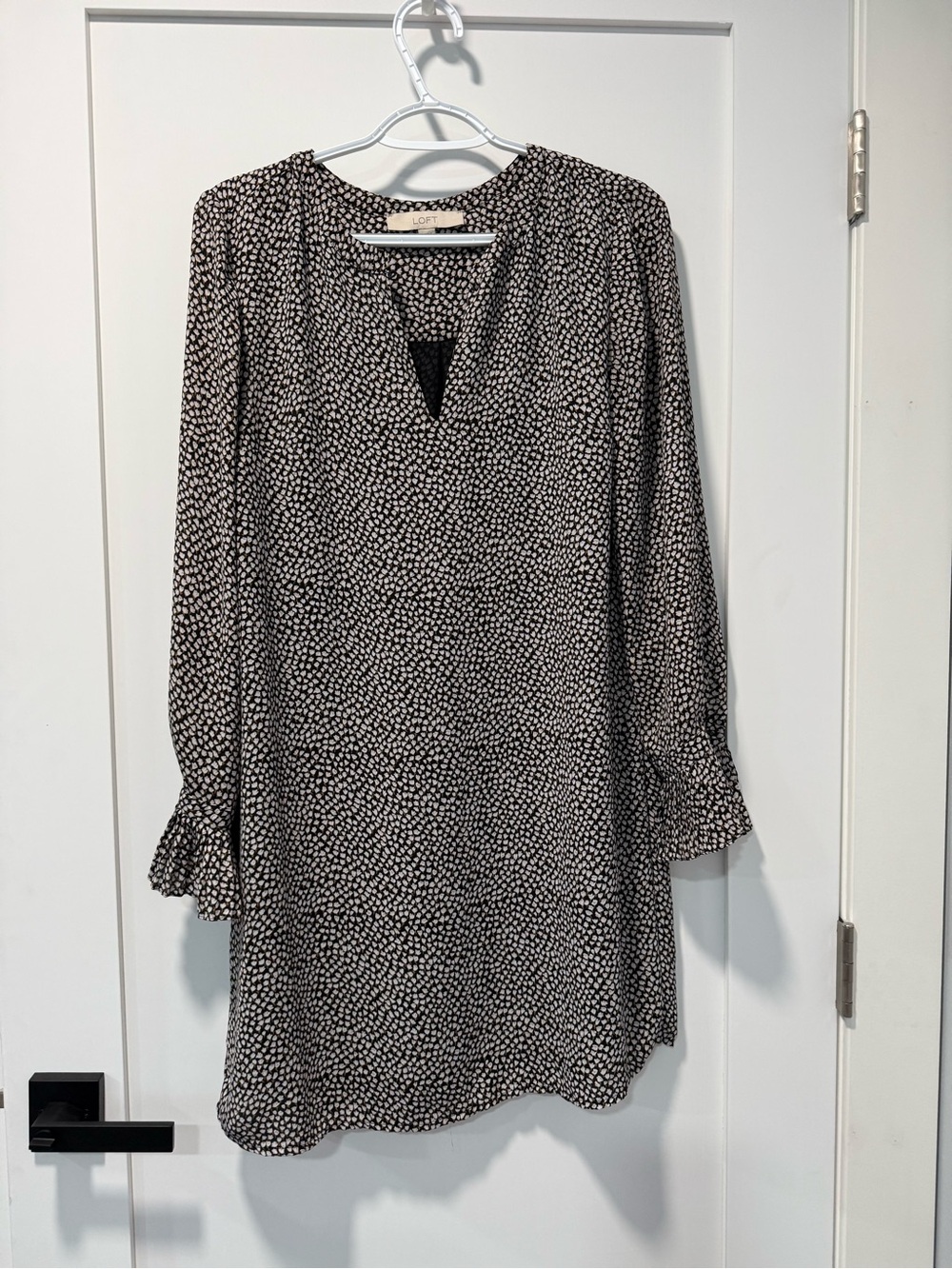 LOFT Black and Ivory Dot V-Neck Long Sleeve Dress